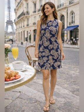 Ann Taylor LOFT Blue Paisley Shift Dress Sleeveless Size 6P Preppy Coastal